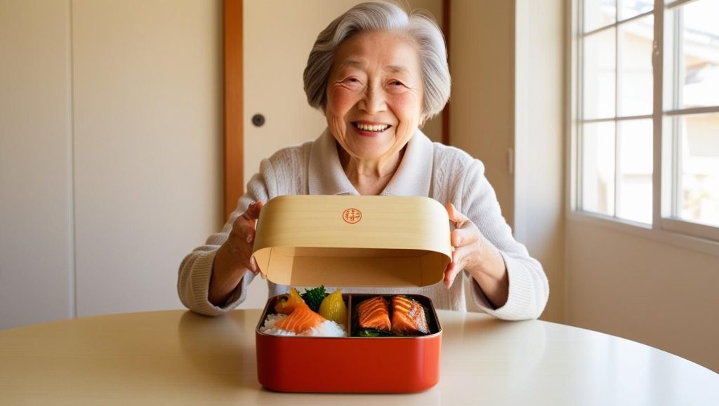 高級宅配弁当に喜ぶ高齢女性