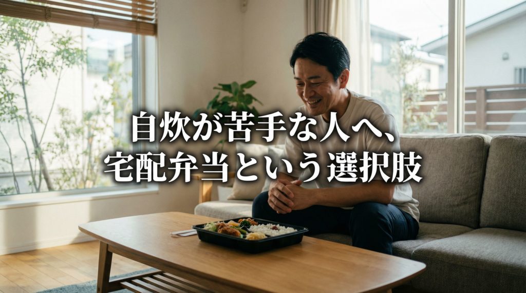 リビングで宅配弁当を前に笑顔でリラックスする40代男性
