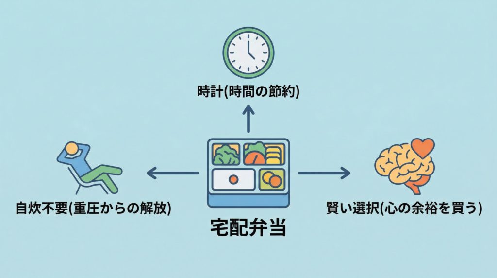 宅配弁当がもたらす重圧からの解放・時間節約・心の余裕を買うのメリットを示す図解
