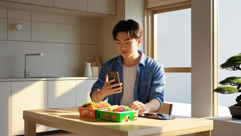 前日にスマートフォンで、宅配弁当を注文する