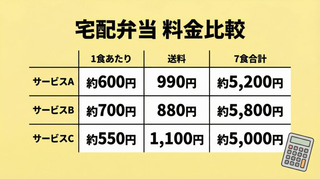宅配弁当サービスの1週間利用の料金比較表
