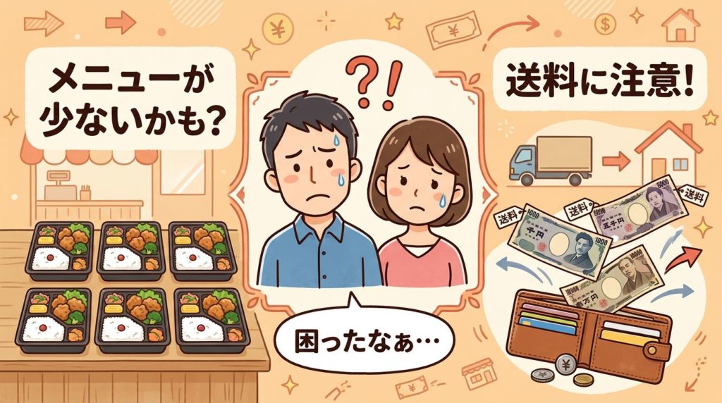 安い宅配弁当のデメリットを示す2つのイラスト
