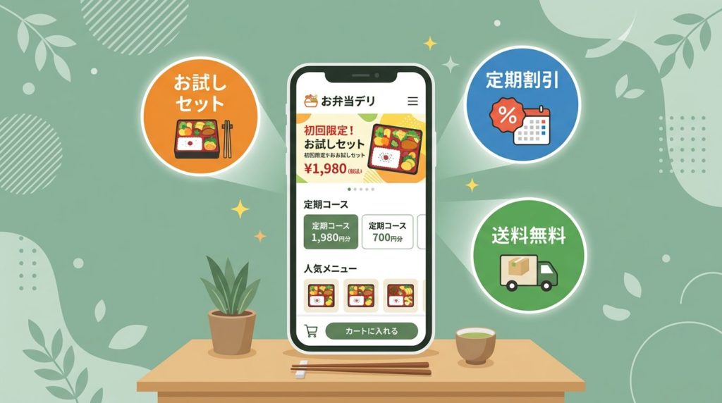 スマートフォンで宅配弁当をお得に注文する方法のイラスト
