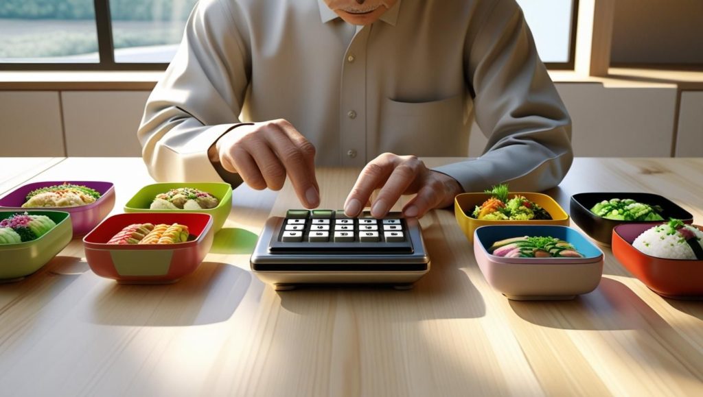 電卓で宅配弁当の価格を計算している男性