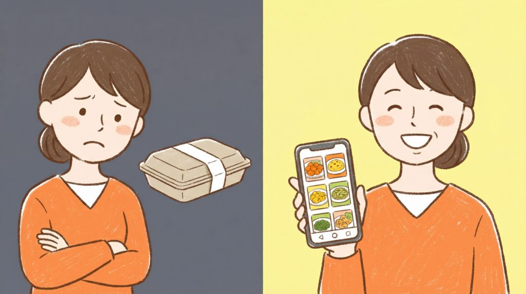 左:メニューを選べない宅配弁当。右:好きなメニューを選べる宅配弁当