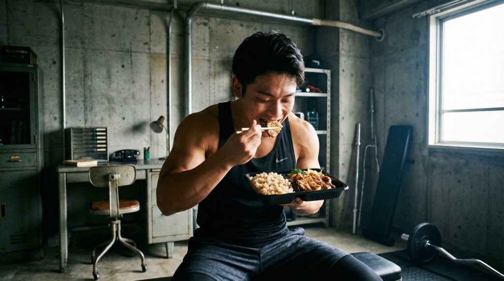 ボリューム満点の宅配弁当を食べる男子大学生