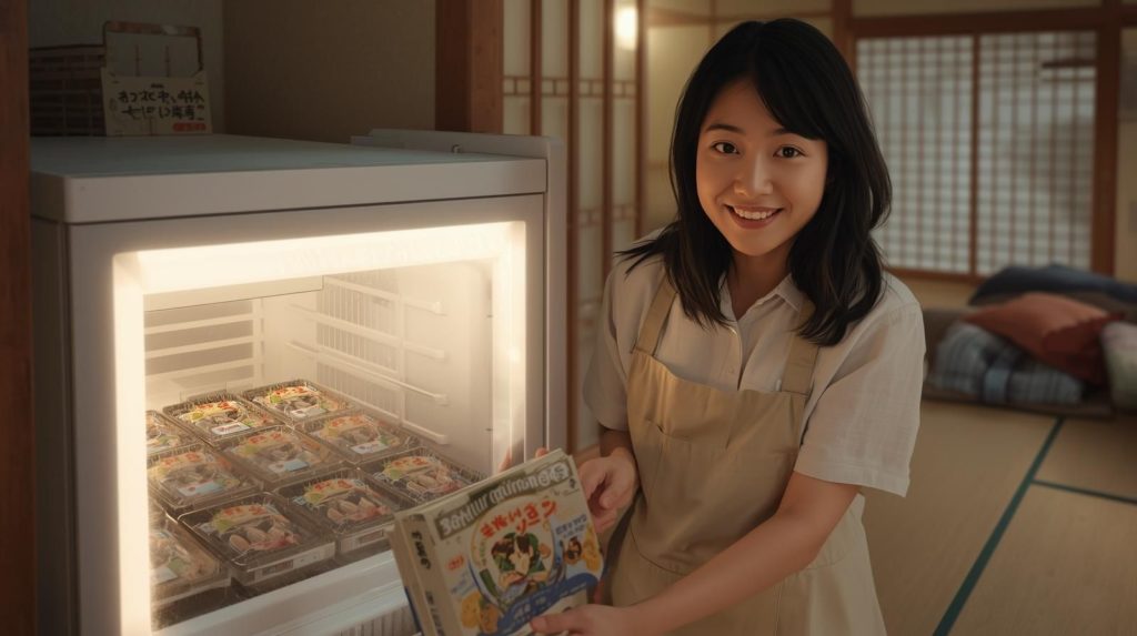 冷凍庫で冷凍弁当を保管する