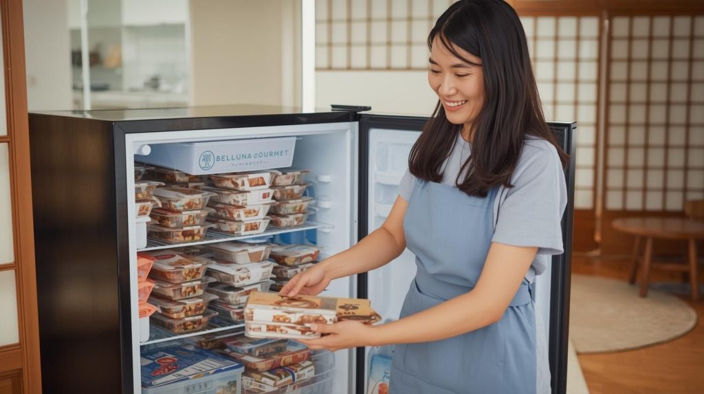 冷凍庫で冷凍弁当を保管する