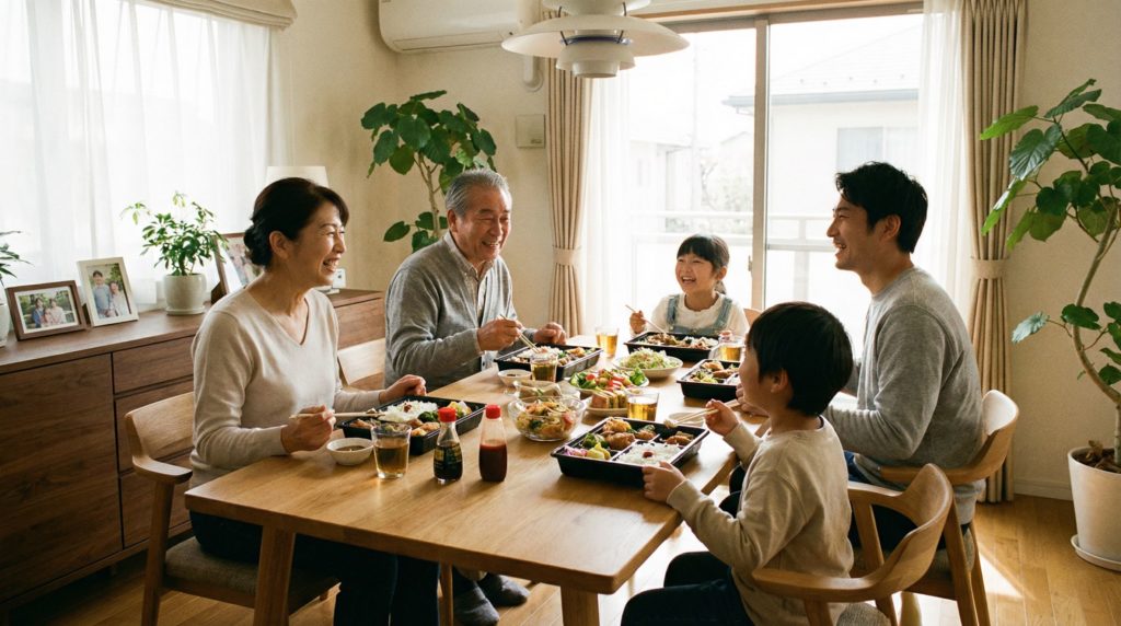 宅配弁当で笑顔の家族団らん