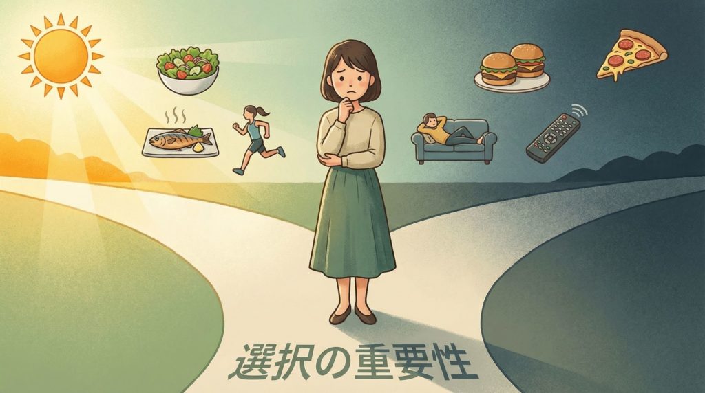 痩せるために、健康的な食事（左の道）を選ぶ重要性