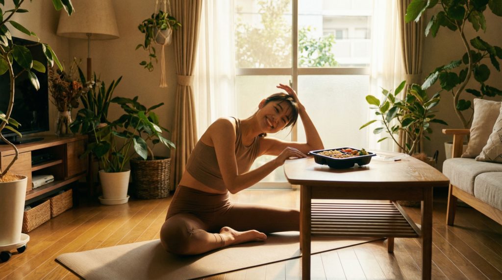 マッスルデリを食べながら運動して、健康的な体を目指す女性