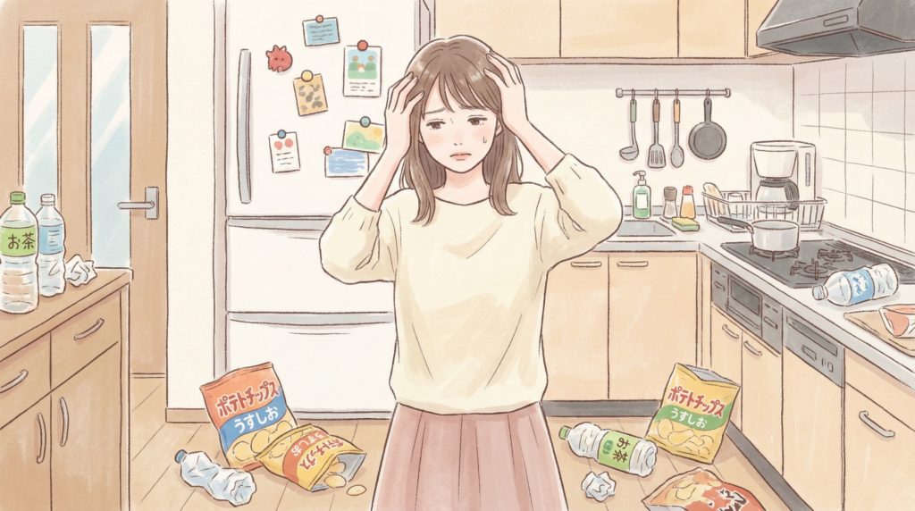 お菓子の食べ過ぎで悩む女性