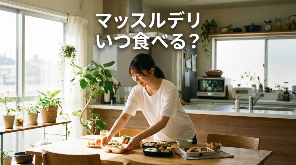 「マッスルデリ いつ食べる?」の文字と笑顔の女性:イメージ画像