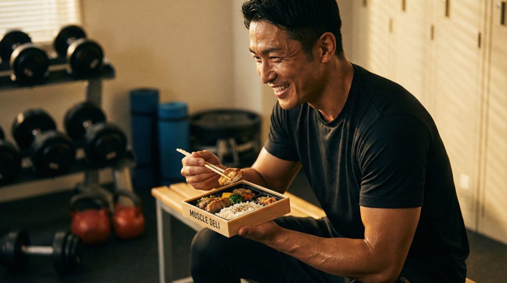 トレーニング後にマッスルデリを食べる男性:イメージ画像