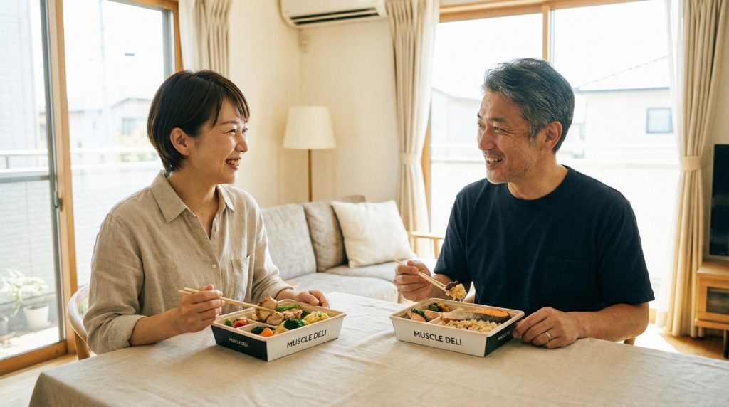 食卓でマッスルデリを食べる夫婦:イメージ画像