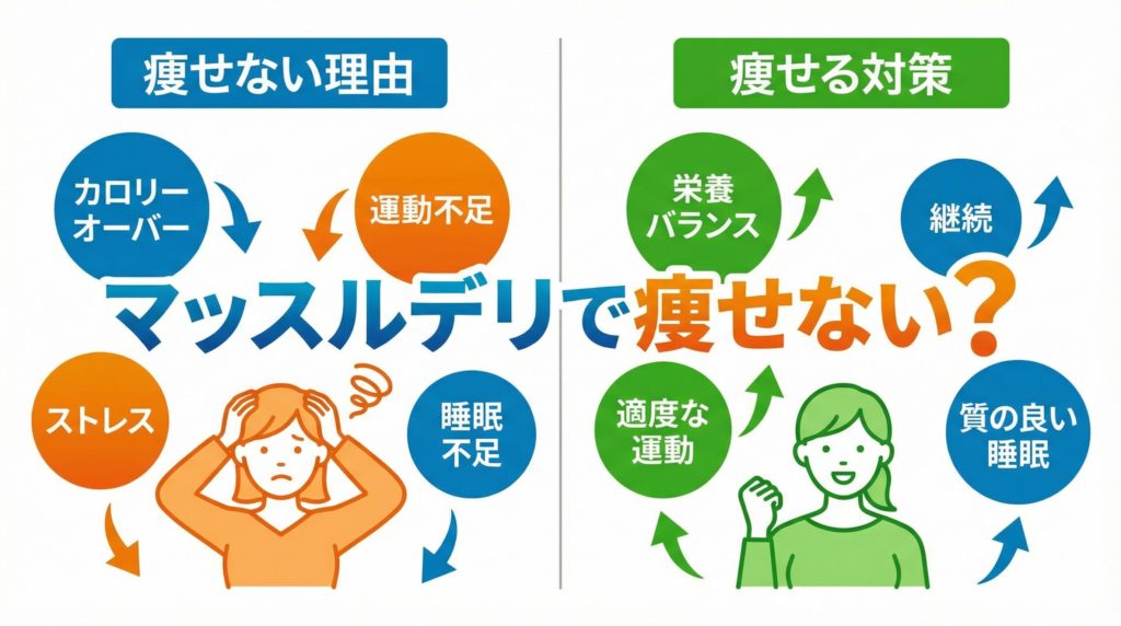 マッスルデリで痩せない理由と痩せる対策の比較図解