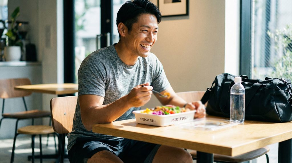 ジム帰りに満足そうに食事する男性