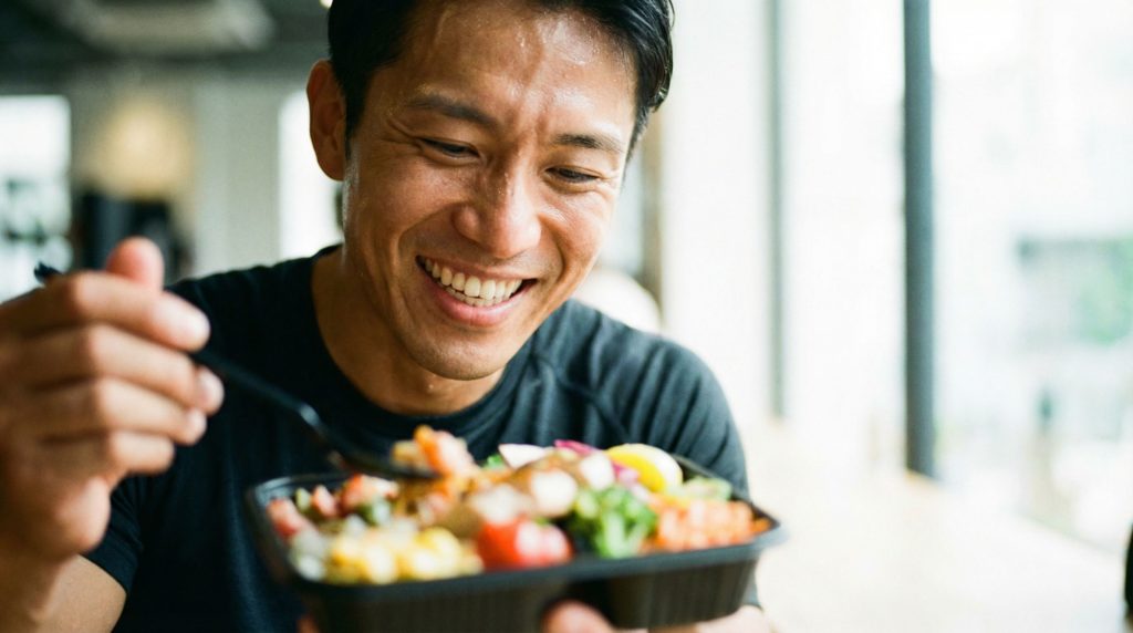 トレーニング後、笑顔で食事する男性