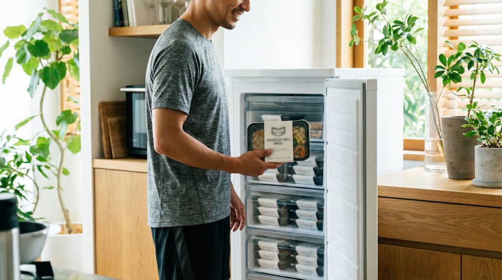 マッスルデリの弁当が収納されている冷凍庫