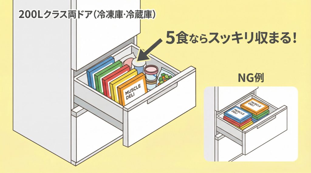 マッスルデリの容器を、200Lクラスの冷蔵庫の冷凍庫に収納