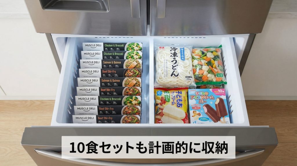 マッスルデリの容器を、380Lクラスの冷蔵庫の冷凍庫に収納