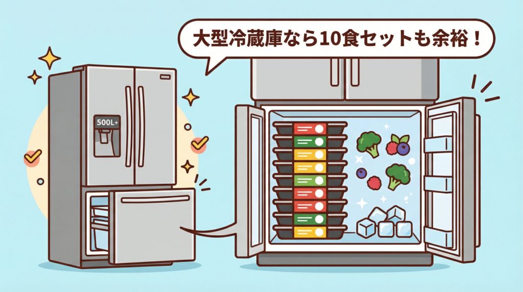 マッスルデリの容器を、500Lクラスの冷蔵庫の冷凍庫に収納