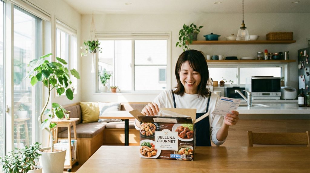 振込用紙を持つ女性とベルーナグルメ