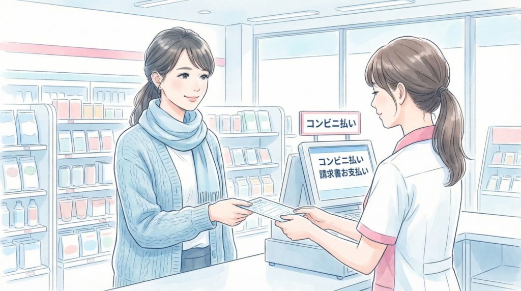 コンビニで後払いする女性