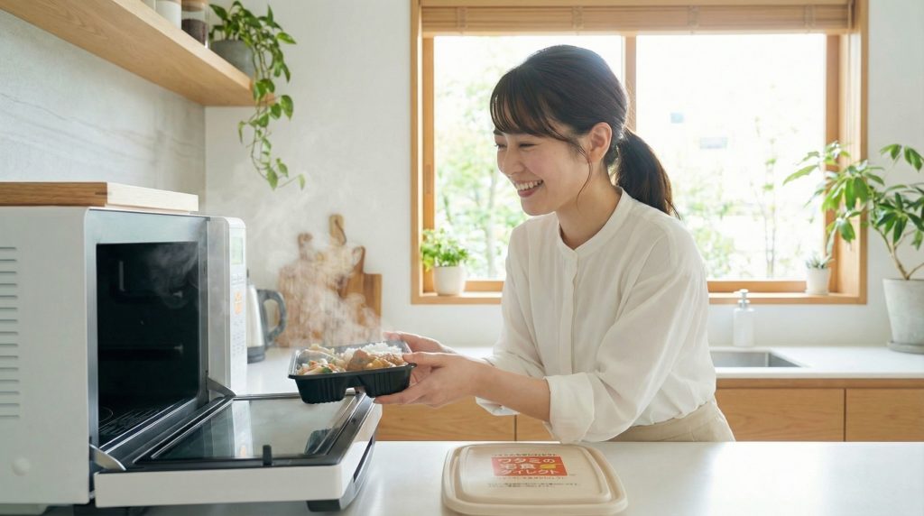 ワタミの宅食ダイレクトのお弁当を、嬉しそうに見つめる女性