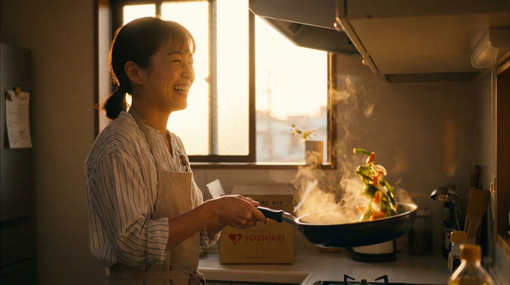 ミールキットで楽しそうに料理をしている女性