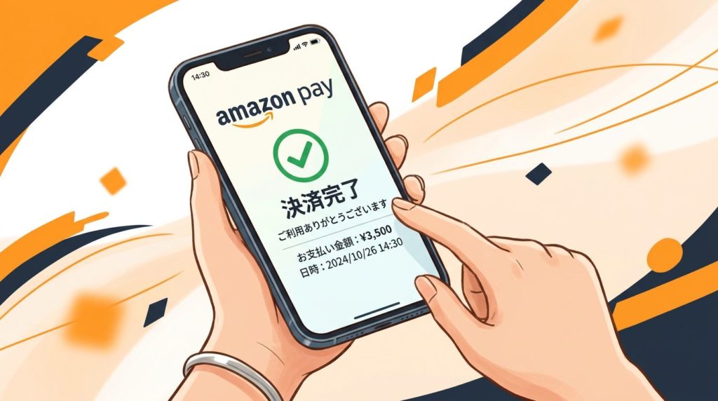 スマートフォンでAmazon Payの決済を完了させるイラスト
