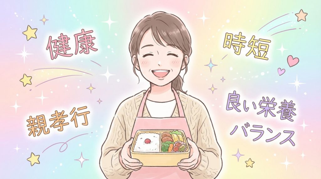 笑顔でタイヘイの弁当を持つおすすめする人のイラスト
