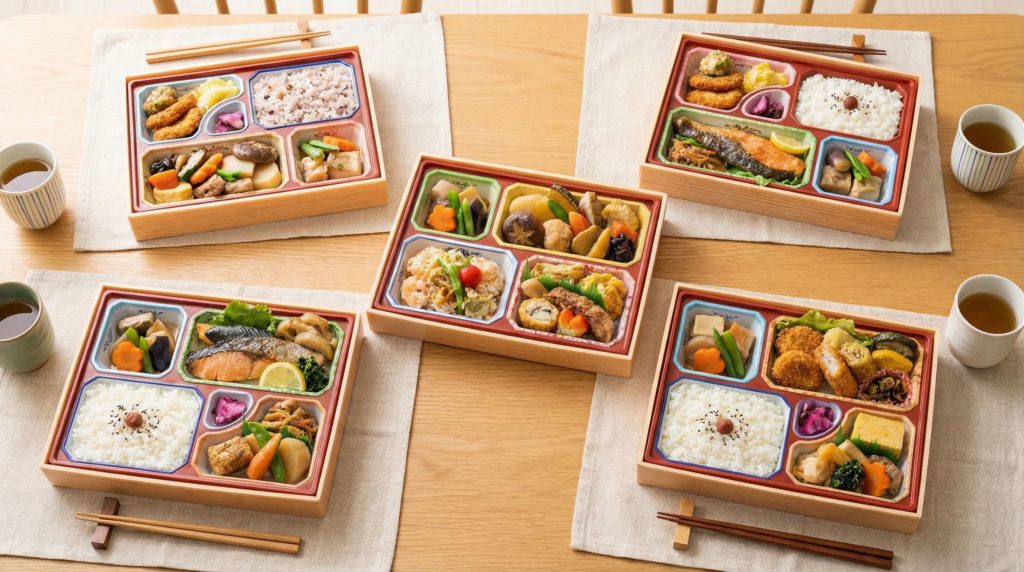 食卓に並べられた夕食向け宅配弁当の数々
