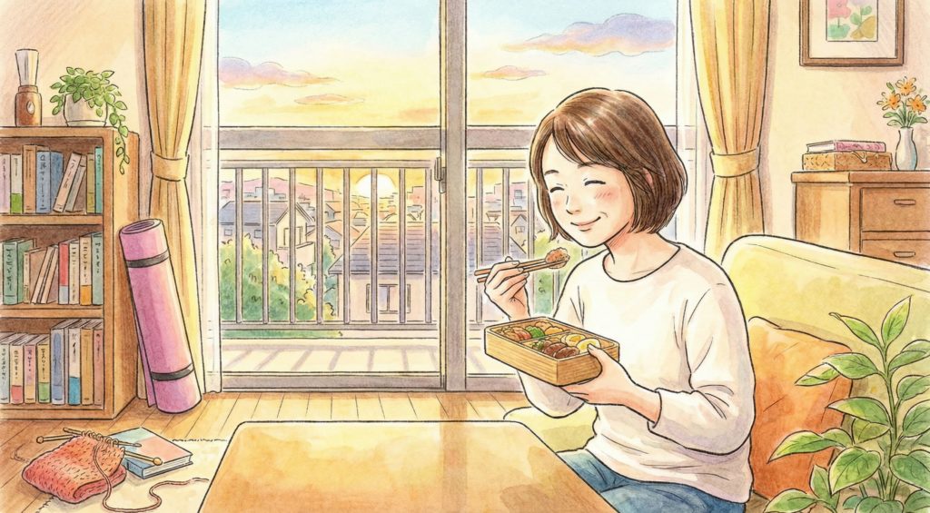 Dr.つるかめキッチンの食事で自分の時間を楽しむ女性
