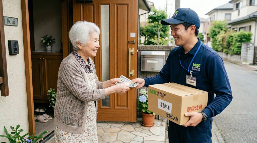 配達員に代金を支払い商品を受け取る高齢女性
