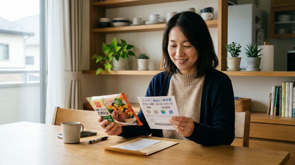 自宅で商品とコンビニ後払いの請求書を確認する女性
