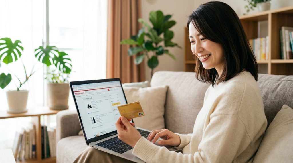 ノートパソコンの前でクレジットカードを持ち微笑む女性
