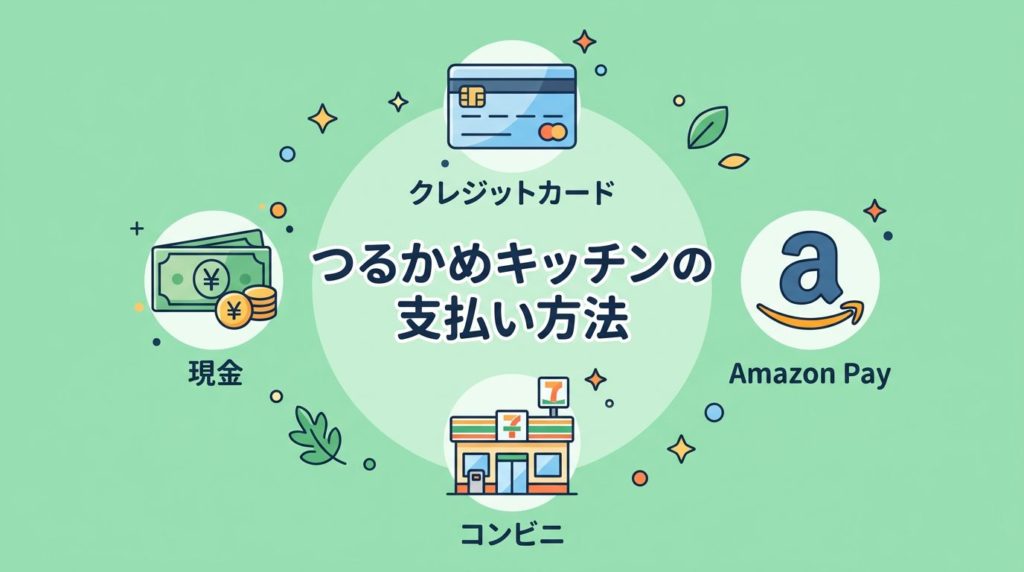 つるかめキッチンの4つの支払い方法を示すアイコンとテキスト
