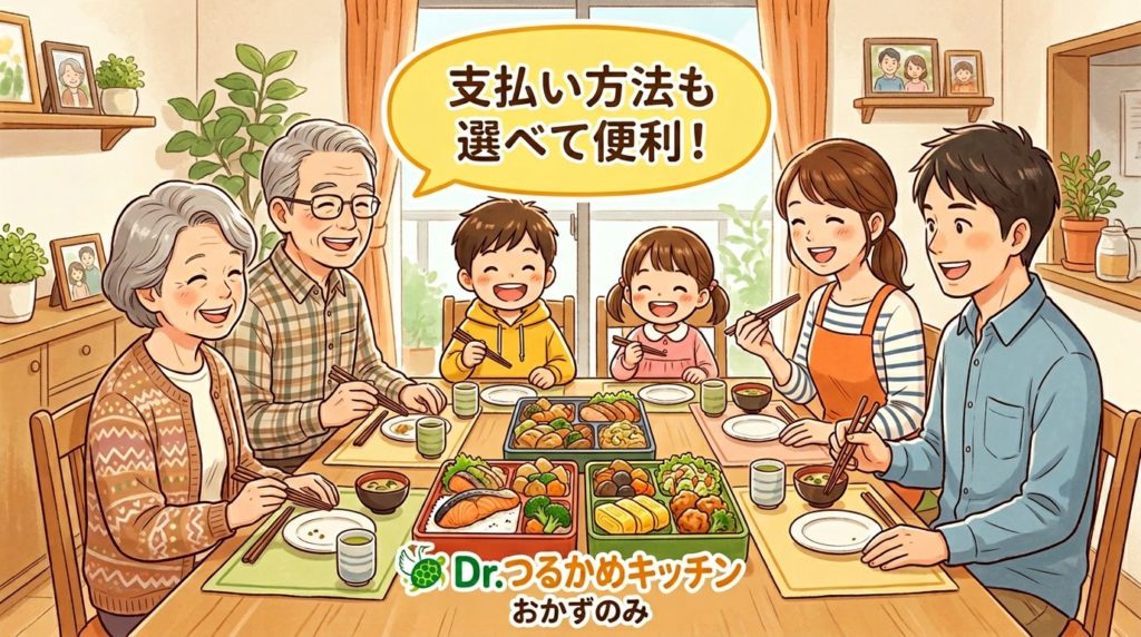 つるかめキッチンのお弁当を囲む笑顔の三世代家族
