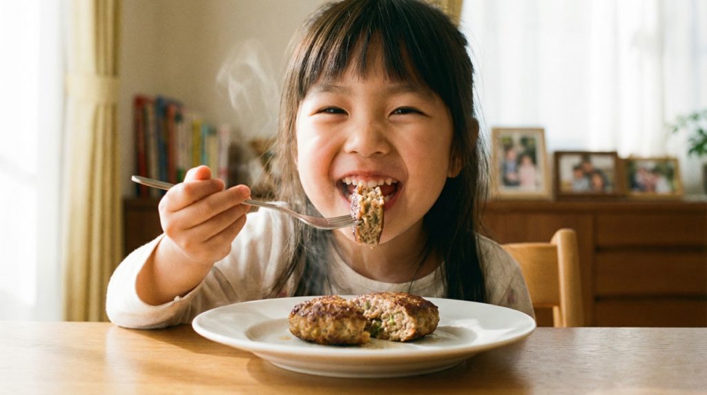 ヨシケイのミールキットで作ったハンバーグを、美味しそうに食べる子供