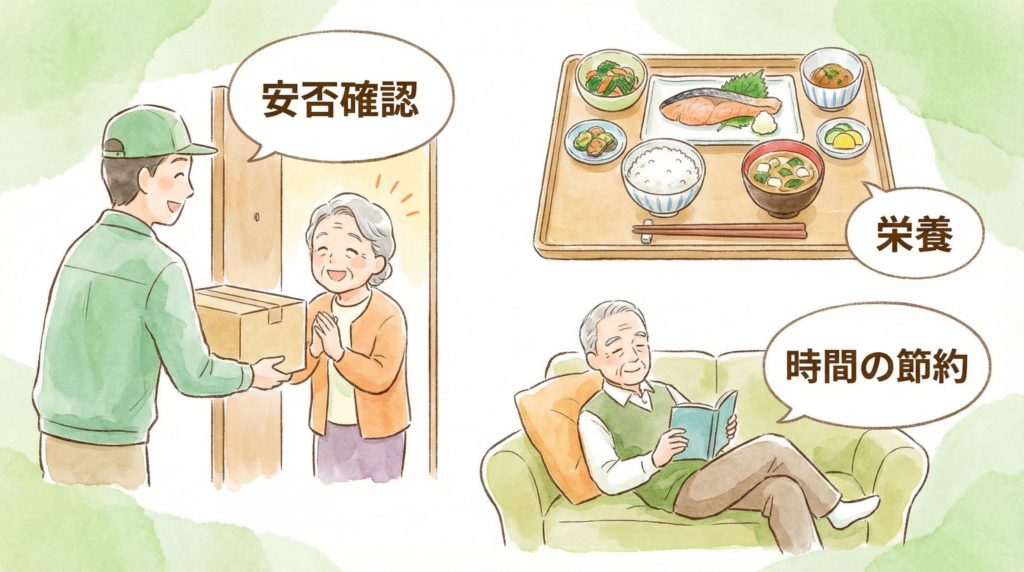 ヨシケイを利用する高齢者のメリットのイラスト
