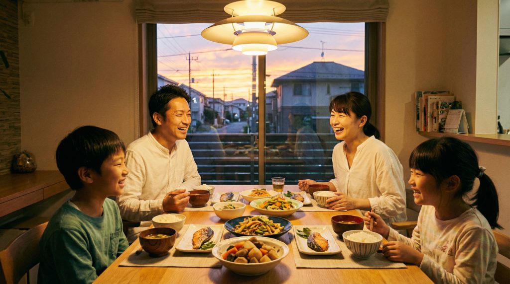 ヨシケイのミールキットがある食卓で、談笑する幸せな家族