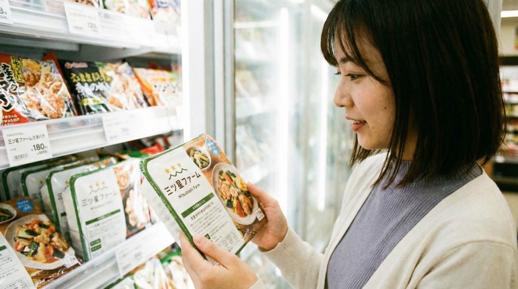 スーパーの冷凍食品コーナーで三ツ星ファームの商品を手に取る女性

