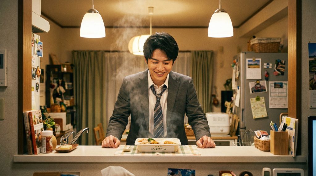 自宅で三ツ星ファームの弁当を前に笑顔の男性
