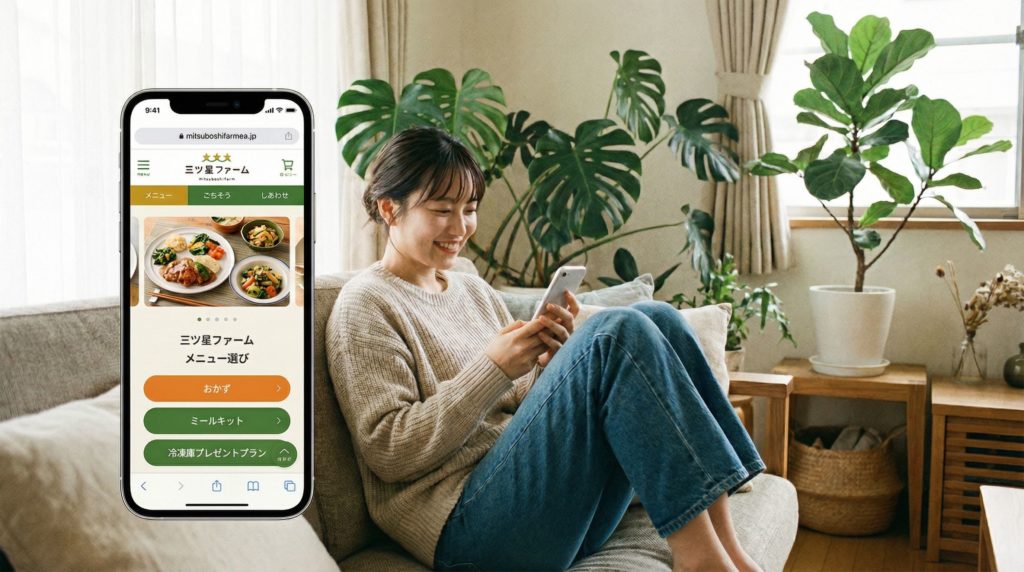スマートフォンで三ツ星ファーム公式サイトのメニューを選ぶ女性
