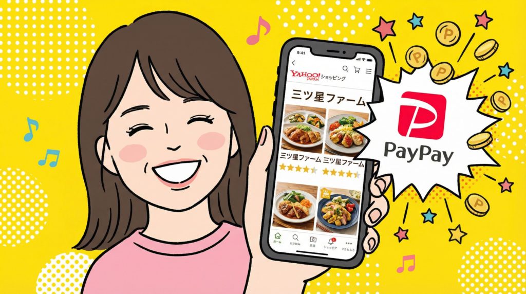 Yahoo!ショッピングで三ツ星ファームを購入しPayPayポイントが貯まるイラスト
