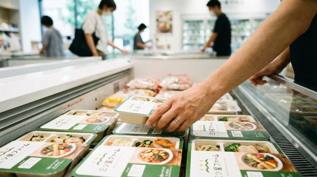 スーパーの冷凍食品コーナーに並ぶ三ツ星ファームの商品
