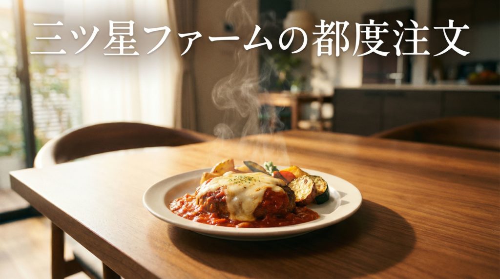 ダイニングテーブルに置かれた三ツ星ファームのハンバーグプレート
