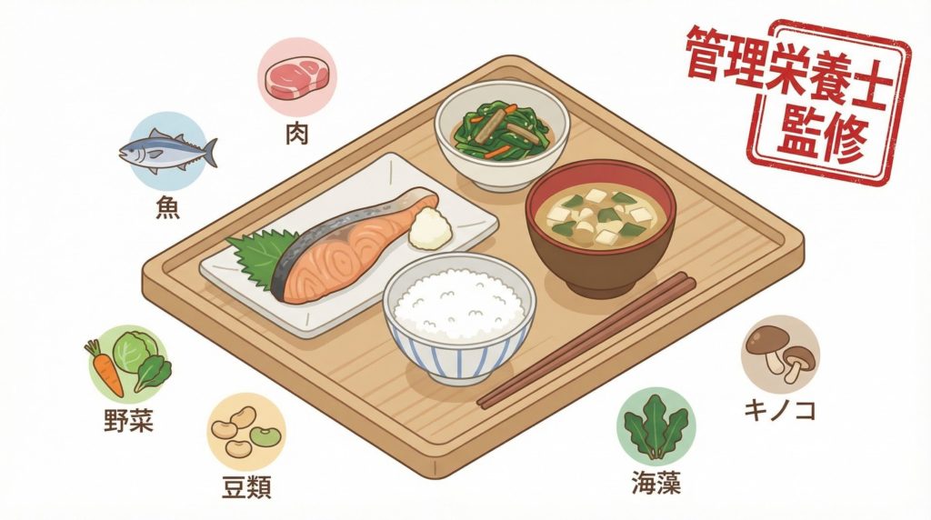 管理栄養士が監修した栄養バランスの取れたヨシケイの食事の図解