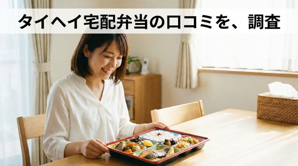 ダイニングでタイヘイ宅配弁当を前に微笑む女性
